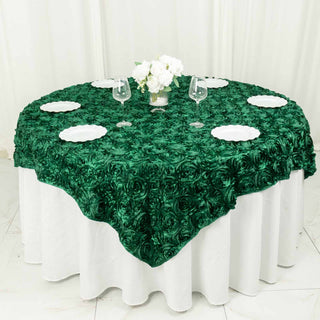 Create a Captivating Tablescape with the Hunter Emerald Green Rosette Satin Table Overlay