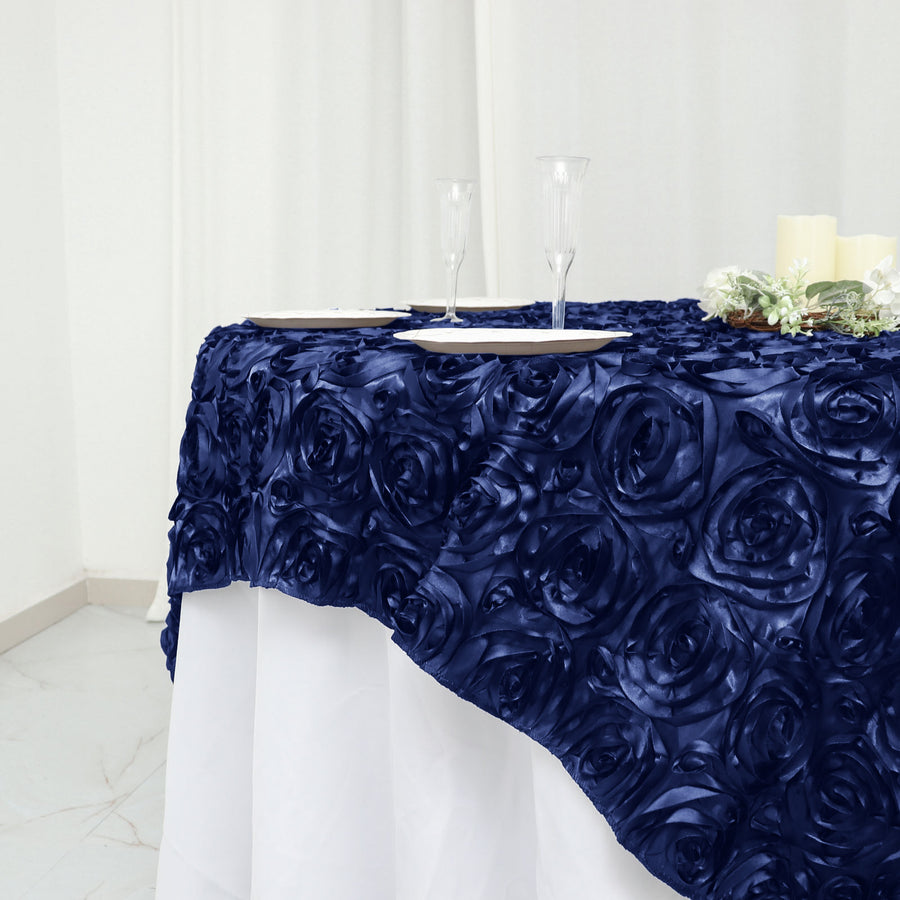 72x72inch Navy Blue 3D Rosette Satin Table Overlay, Square Tablecloth Topper