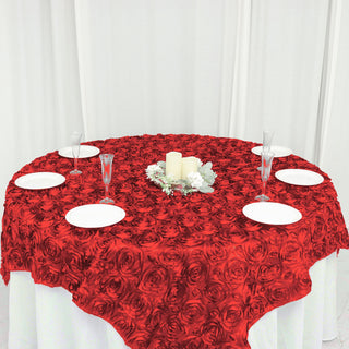 Elevate Your Table Decor with the Red 3D Rosette Satin Square Table Overlay