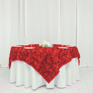 Elevate Your Table Decor with the Red 3D Rosette Satin Square Table Overlay