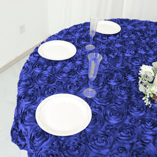 Enhance Your Wedding Table Decor with the Royal Blue 3D Rosette Satin Square Table Overlay