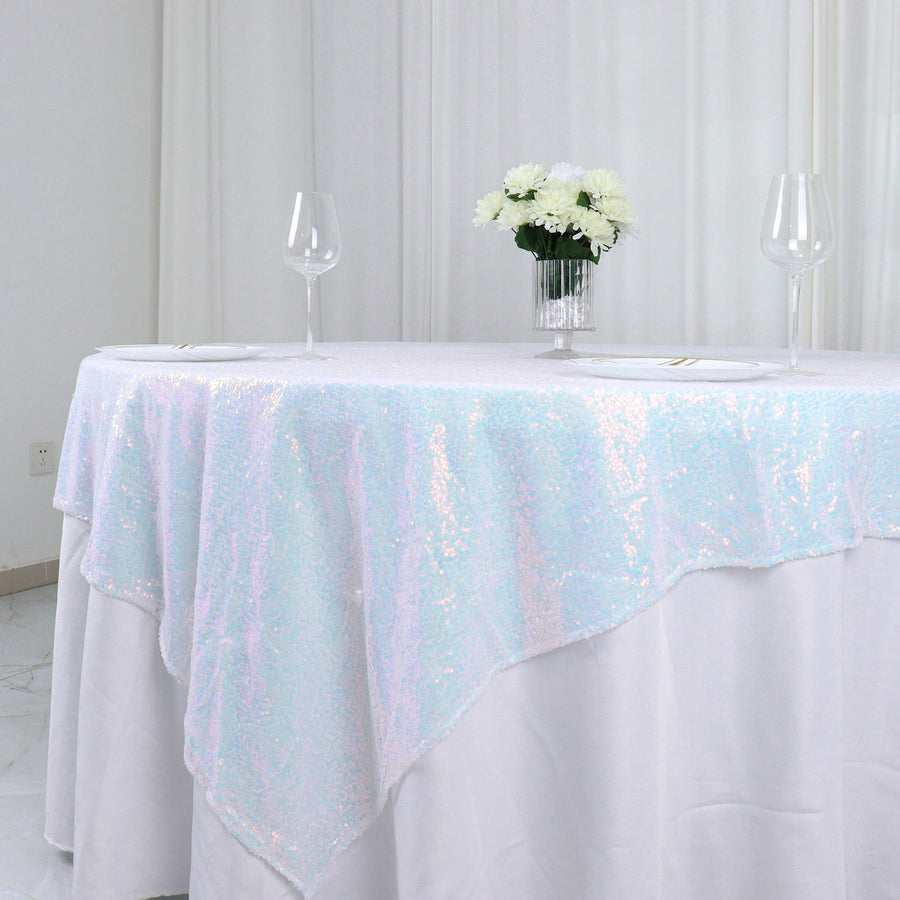 72x72inch Iridescent Blue Sequin Square Table Overlay, Table Linen Decor