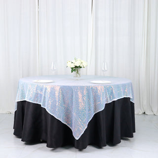 Add Sparkle and Elegance to Your Event with the Iridescent Blue Sequin Square Table Overlay