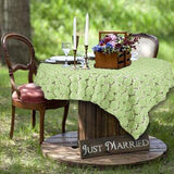 72" x 72" Tea Green Satin Blossoms and Sequins on Lace Net Square Table Overlay | Square Table Toppers