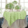 72" x 72" Tea Green Satin Blossoms and Sequins on Lace Net Square Table Overlay | Square Table Toppers