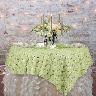 Tea Green Satin 3D Blossoms Sequin Lace Square Table Overlay