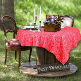 72" x 72" Coral Satin Blossoms and Sequins on Lace Net Square Table Overlay | Square Table Toppers