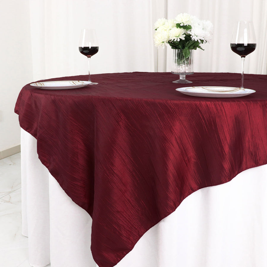 72x72Inch Burgundy Accordion Crinkle Taffeta Table Overlay, Square Tablecloth Topper