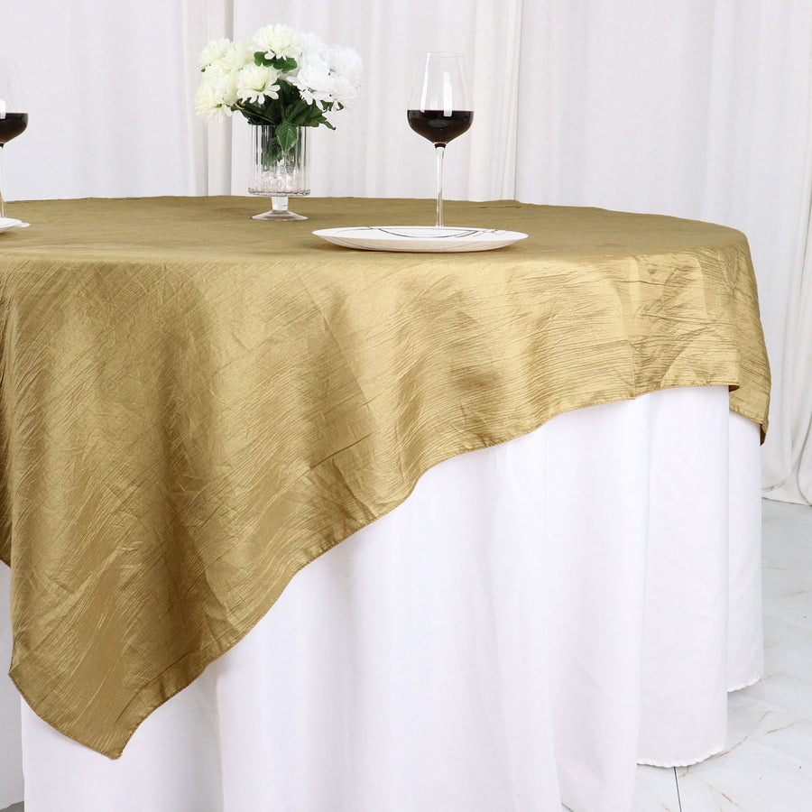 72x72Inch Gold Accordion Crinkle Taffeta Table Overlay, Square Tablecloth Topper