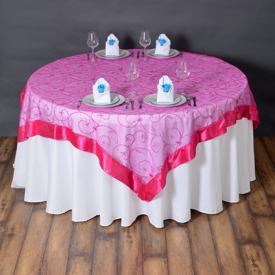 72" x 72" Fuchsia Satin Edge Embroidered Sheer Organza Square Table Overlay#whtbkgd