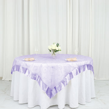 72"x72" Lavender Lilac Embroidered Sheer Organza Square Table Overlay With Satin Edge