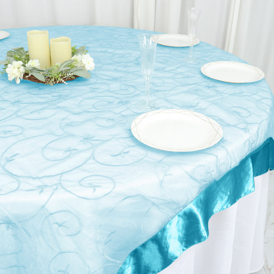 72" x 72" Turquoise Satin Edge Embroidered Sheer Organza Square Table Overlay