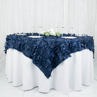Add Elegance to Your Event with the Navy Blue 3D Leaf Petal Taffeta Fabric Table Overlay