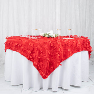 Add a Touch of Elegance with the 72"x72" Red 3D Leaf Petal Taffeta Fabric Table Overlay