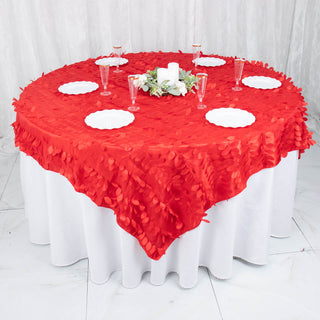 Create a Whimsical Woodland Ambiance with the 72"x72" Red 3D Leaf Petal Taffeta Fabric Table Overlay