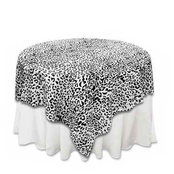 72"x72" | Black/White Taffeta Leopard Print Table Overlay | Jungle Theme Party Decoration
