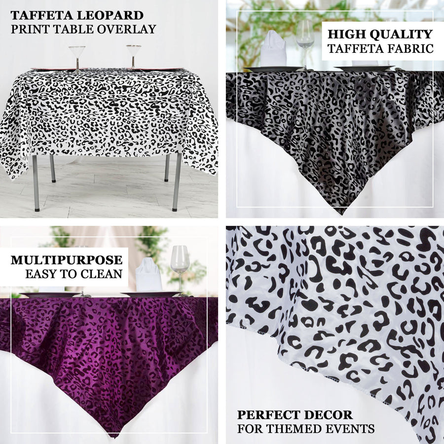 72"x72" | Black/White Taffeta Leopard Print Table Overlay | Jungle Theme Party Decoration
