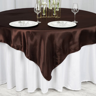 Versatile and Durable Chocolate Satin Square Tablecloth Overlay