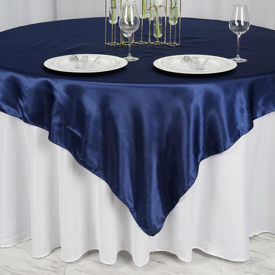 72" x 72" Navy Blue Seamless Satin Square Tablecloth Overlay#whtbkgd