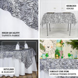 72inch x 72inch | Black/White Taffeta Tiger Print Table Overlay | Jungle Theme Party Decoration