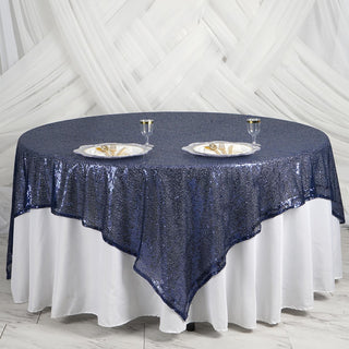 Add a Touch of Elegance with the Navy Blue Premium Sequin Square Table Overlay