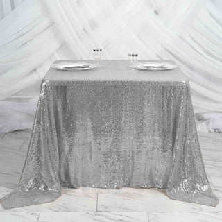 Add Sparkle and Elegance with the Silver Premium Sequin Square Table Overlay