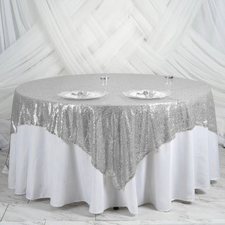 Add Glamour to Your Event with the Silver Premium Sequin Square Table Overlay