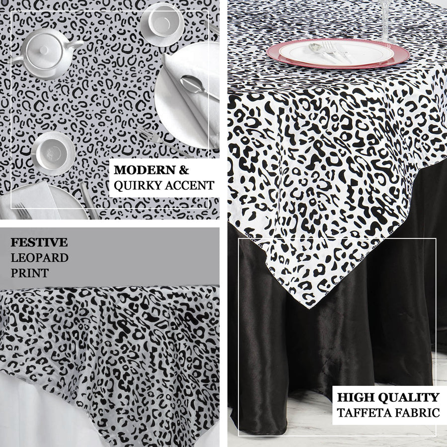 90inch Black / White Leopard Print Taffeta Square Table Overlay - Clearance SALE