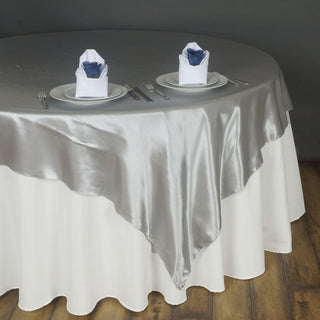 Silver Satin Table Overlay for Elegant Event Decor