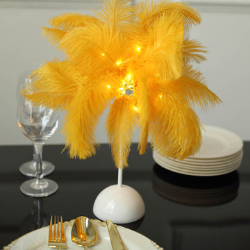 15" LED Gold Ostrich Feather Table Lamp Wedding Centerpiece, Battery Operated Cordless Desk Light