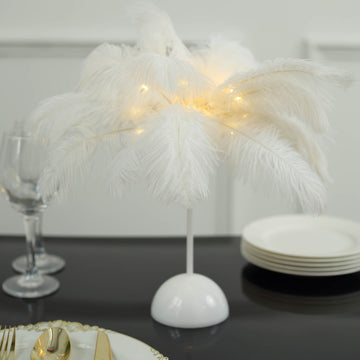 15" LED White Ostrich Feather Table Lamp Wedding Centerpiece, Battery Operated Cordless Desk Light