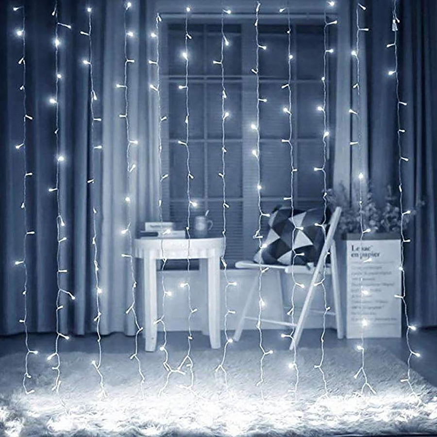 10ft Cool White 300 LED Icicle Curtain Fairy String Lights with 8 Modes