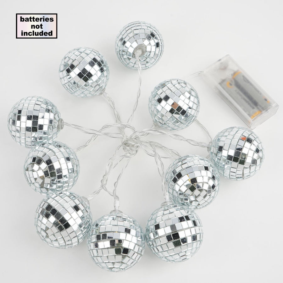 6ft Silver Disco Mirror Ball Battery Operated 10 LED String Light Garland, Warm White