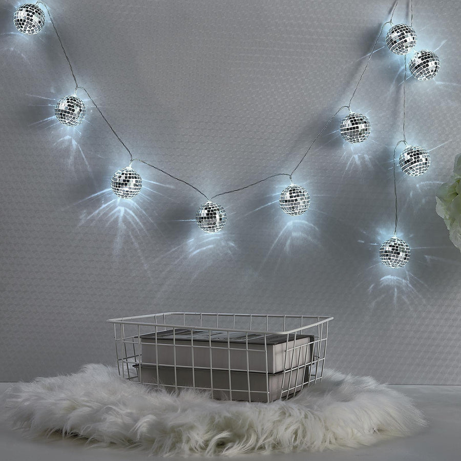 6ft Silver Disco Mirror Ball Battery Operated 10 LED String Light Garland, Cool White