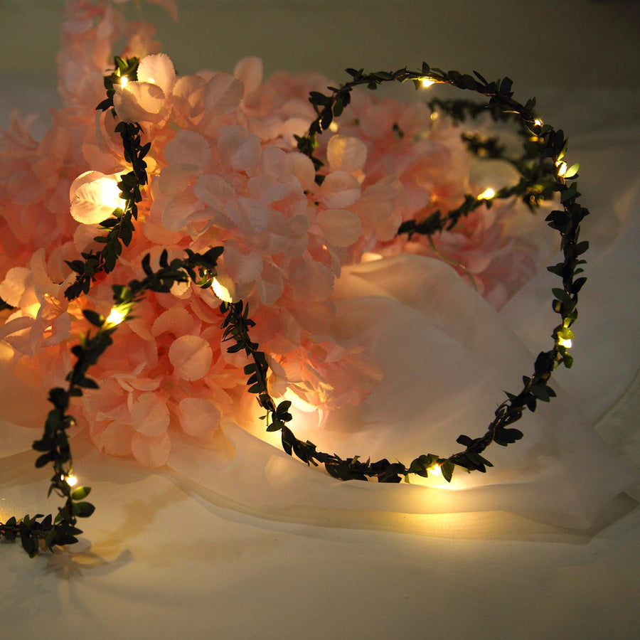 10 FT | 30 LED Green Leaf Garland | Battery Operated Fairy String Lights - White