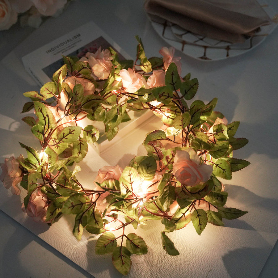 7ft 20 LED Blush / Rose Gold Silk Rose Flower Garland Vine String Lights, Battery Operated