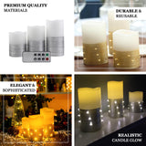 Set of 3 | Gold Flameless Candles With LED String Light | Battery Operated LED Pillar Candle Lights with Remote Timer - 4"|5"|6"