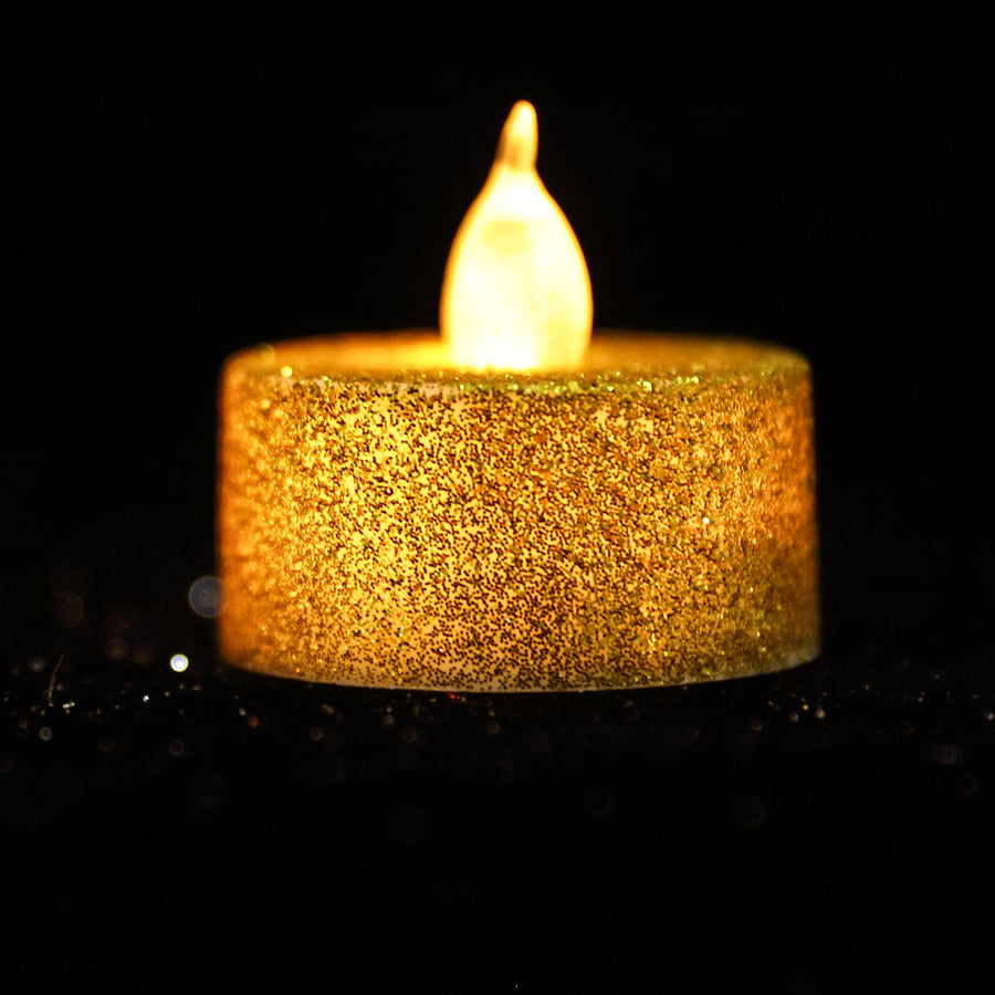 12 Pack | Glitter Flameless Candles LED | Tea Light Candles - Gold | Tablecloths Factory