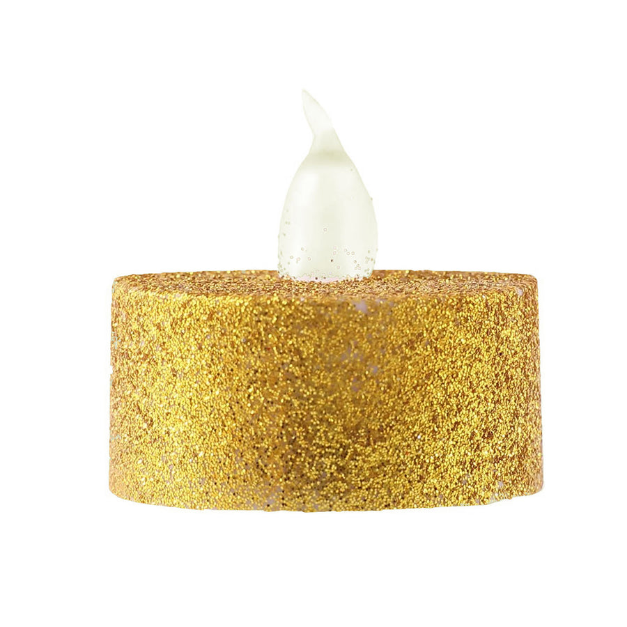 12 Pack | Gold Glitter Flameless LED Candles | Battery Operated Tea Light Candles#whtbkgd