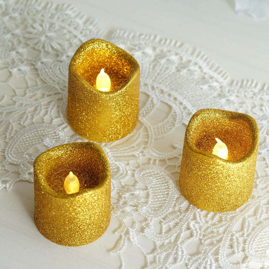 12 Pack | Gold Glitter Flameless Candles LED | Battery Operated Votive Candles