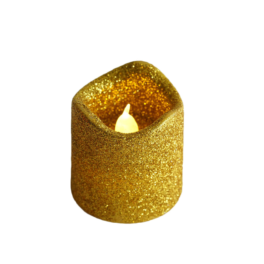 12 Pack | Gold Glitter Flameless Candles LED | Battery Operated Votive Candles