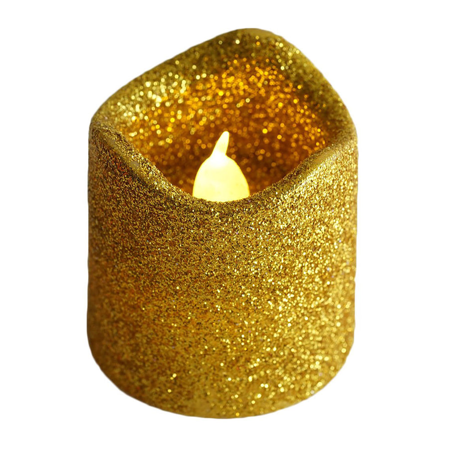 12 Pack | Glitter Flameless Candles LED | Votive Candles - Gold | Tablecloths Factory #whtbkgd