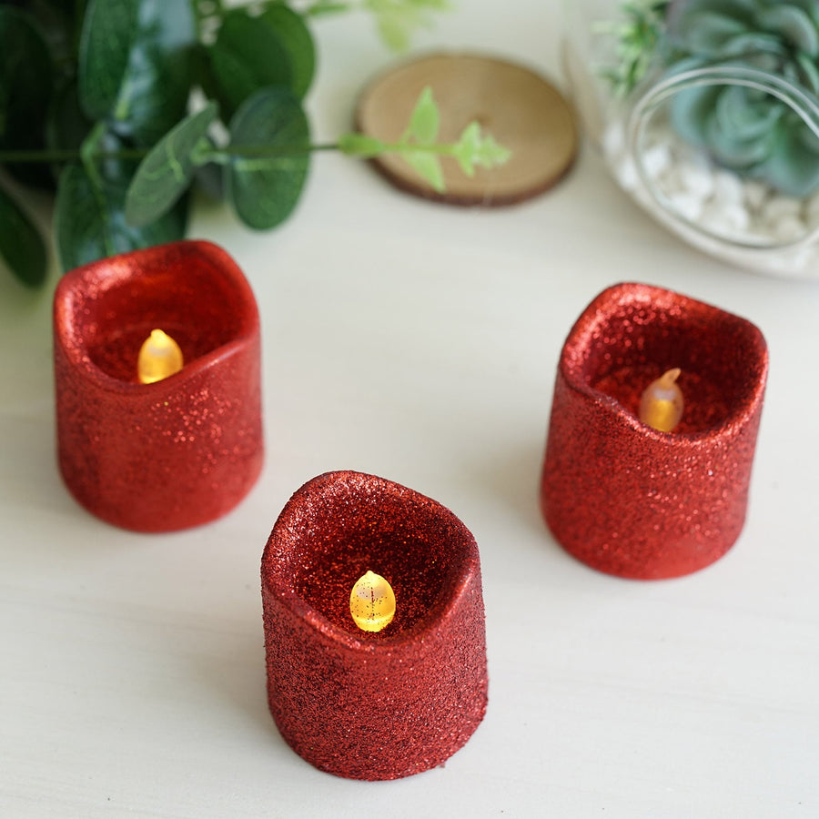 12 Pack | Red Glitter Flameless Candles LED | Battery Operated Votive Candles