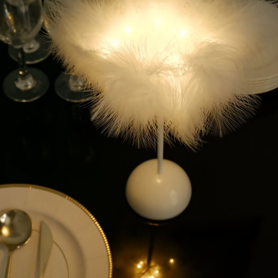 15inch White Feather LED Table Lamp Wedding Centerpiece, Battery Operated Cordless Desk Light