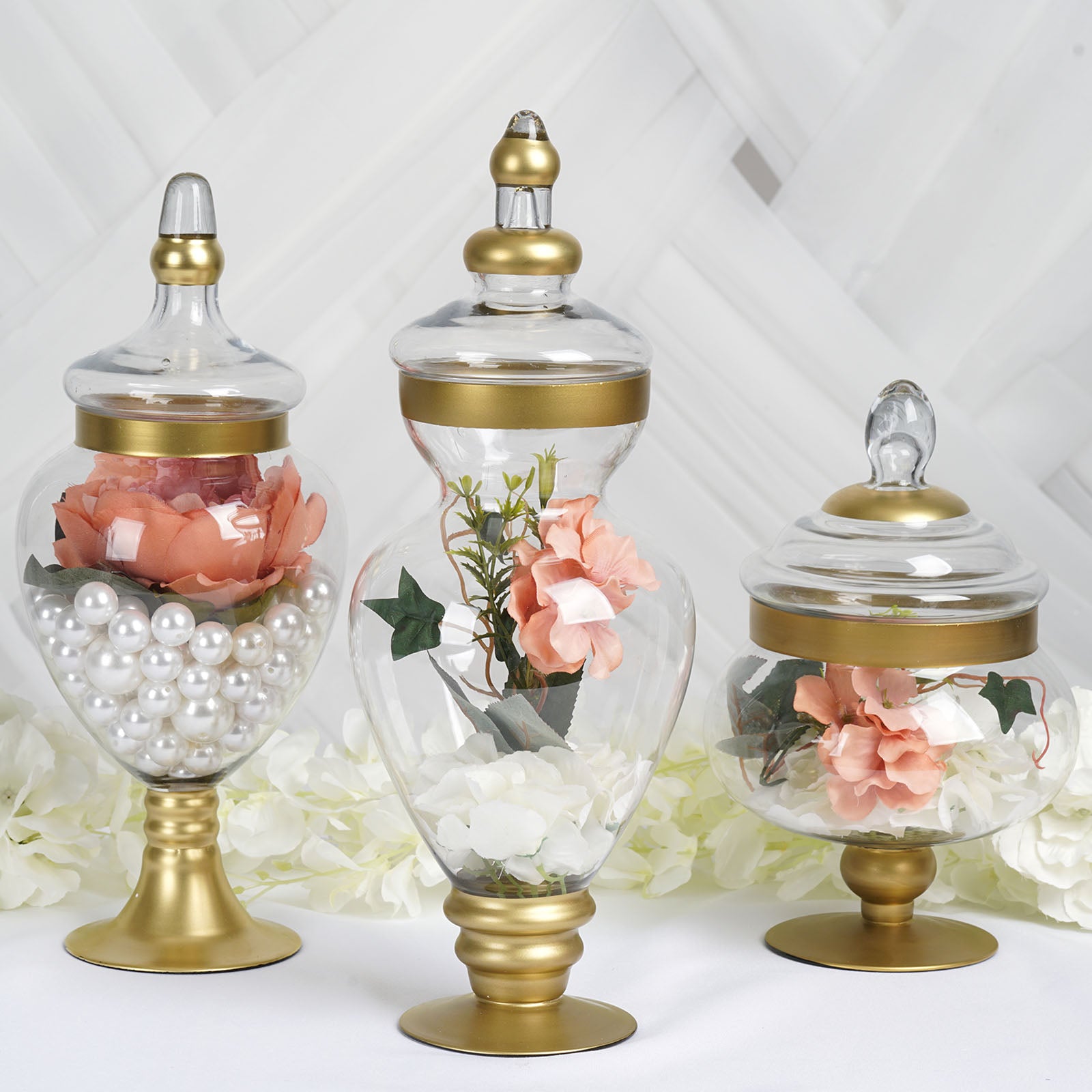 Set of 3 | Large Gold Trim Glass Apothecary Party Favor Candy Jars with Snap on Lids - 10/14/16 | by Tableclothsfactory