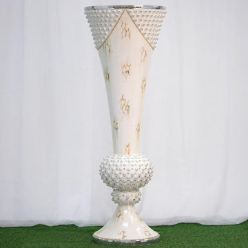 43" Large Pearls Embellished White Trumpet Vase With Mirror Mosaic Decoration