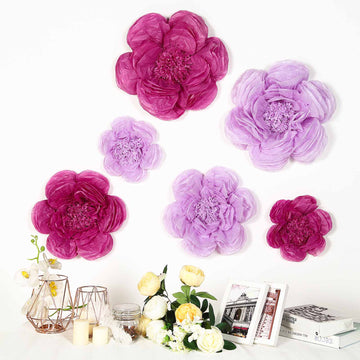 Set of 6 | Lavender / Eggplant Giant Peony 3D Paper Flowers Wall Decor - 12",16",20"