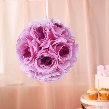 2 Pack | 7" Lavender Lilac Artificial Silk Rose Kissing Ball, Flower Ball