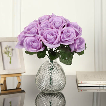 12" Lavender Lilac Artificial Velvet-Like Fabric Rose Flower Bouquet Bush