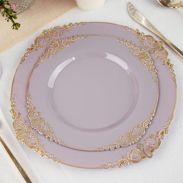 10 Pack 8" Lavender Lilac Plastic Salad Plates With Gold Leaf Embossed Baroque Rim, Round Disposable Appetizer Dessert Plates